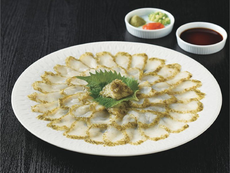 〈春帆楼〉まふぐおぼろ昆布〆刺し（best Gourmet 13,000円コース掲載）
